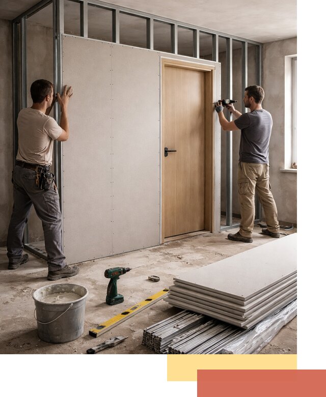 Перегородка из гипсокартона с дверью под ключ в Балтийске