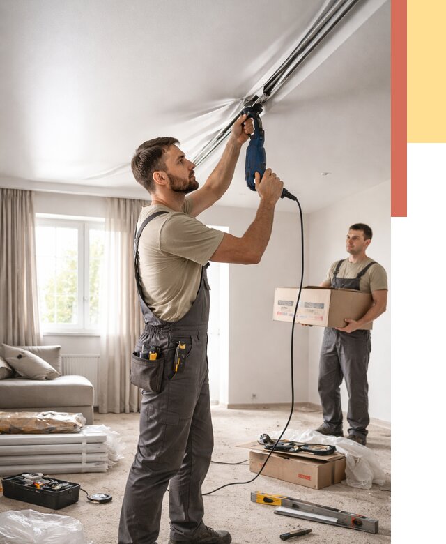 Монтаж сатинового натяжного потолка в Балтийске от 3568 руб. | Быстро, недорого — ОТДЕЛОЧНИК-Блт