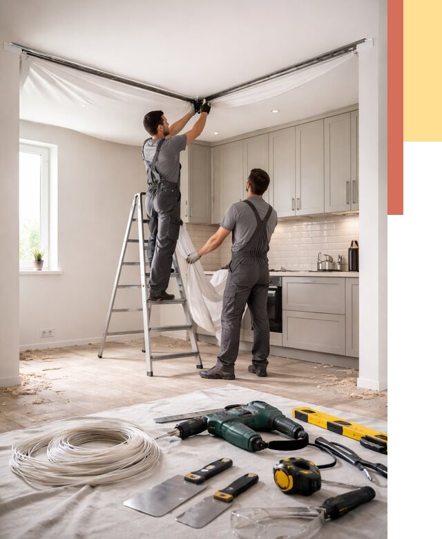 Установка натяжного потолка на кухне в Балтийске от 2447 руб. | ОТДЕЛОЧНИК-Блт