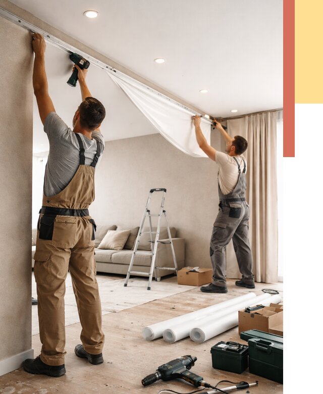 Монтаж натяжного потолка в гостиной в Балтийске от 561 руб. | ОТДЕЛОЧНИК-Блт