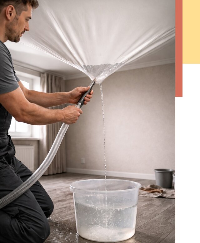 Слив воды с натяжного потолка в Балтийске от 2549 руб. быстро и недорого | ОТДЕЛОЧНИК-Блт